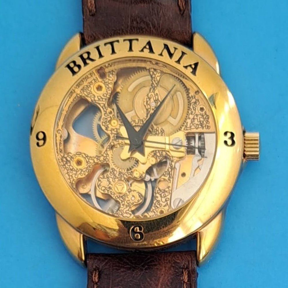 VINTAGE 1990S BRITTANIA SKELETON MEN’S WINDUP WRISTWATCH LEATHER BAND